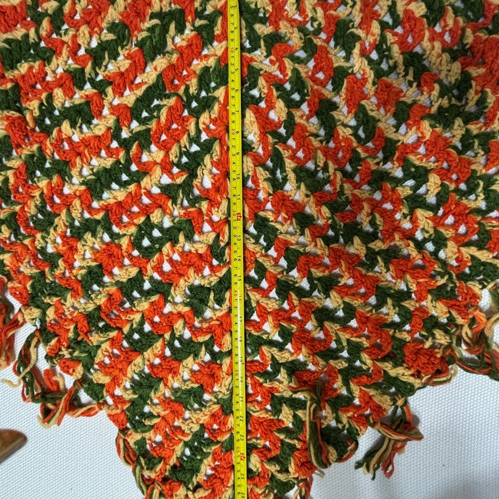 Handmade Vintage Crochet Boho Triangle Shawl Tassel Scarf 70's Green Gold Retro - Picture 6 of 6